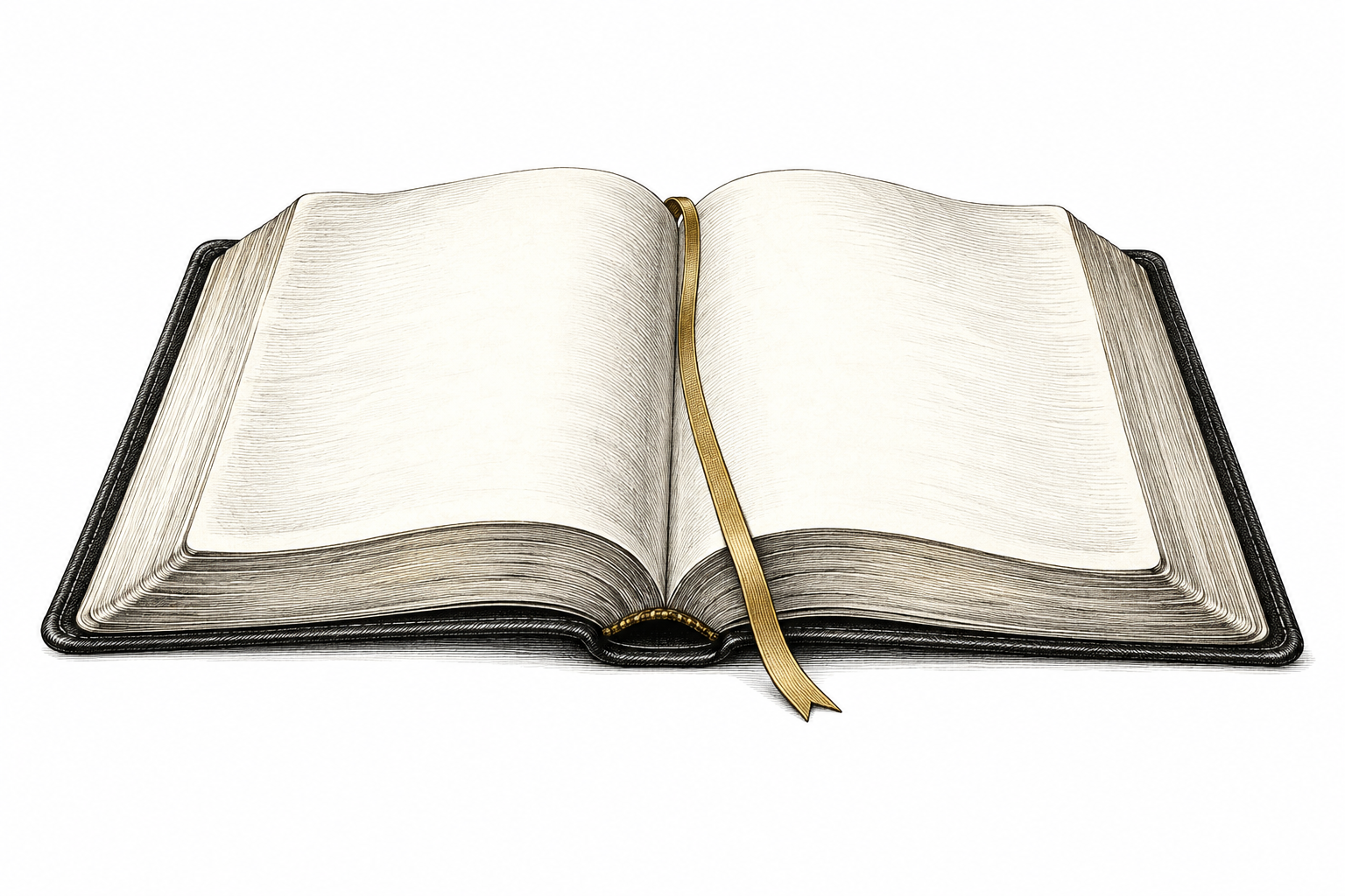 An open book with a gold ribbon, illustrated in black ink